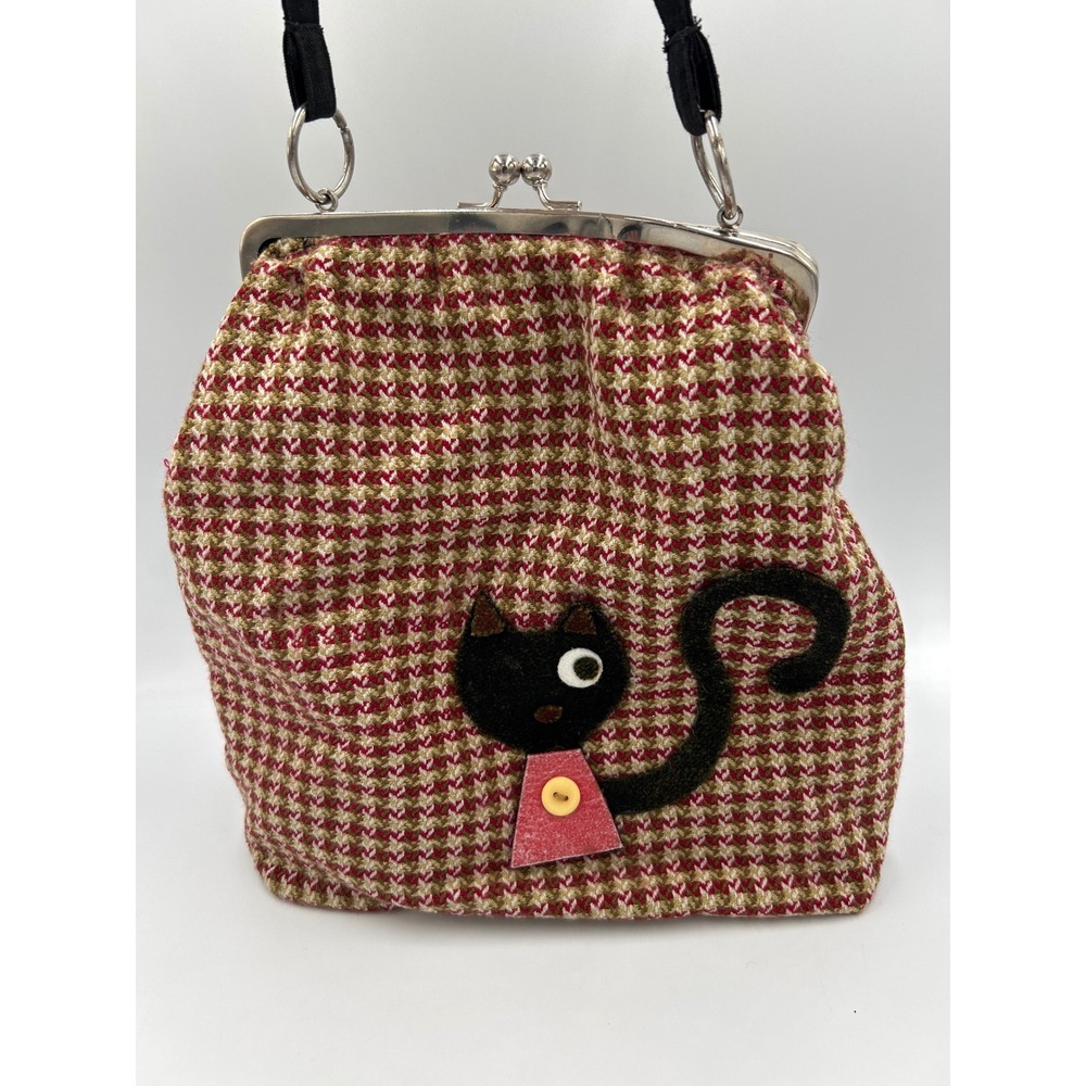 Bored Inc for Bagline Cat Kiss Lock Handbag Red Houndstooth Y2K Vintage Style